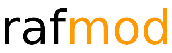 Logo with 'rafmod' text in black and orange on a white background
